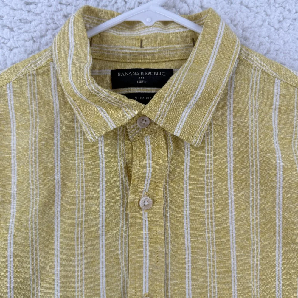 Banana Republic Mens Medium Yellow Striped Short Sleeve Linen Blend Shirt NWT
